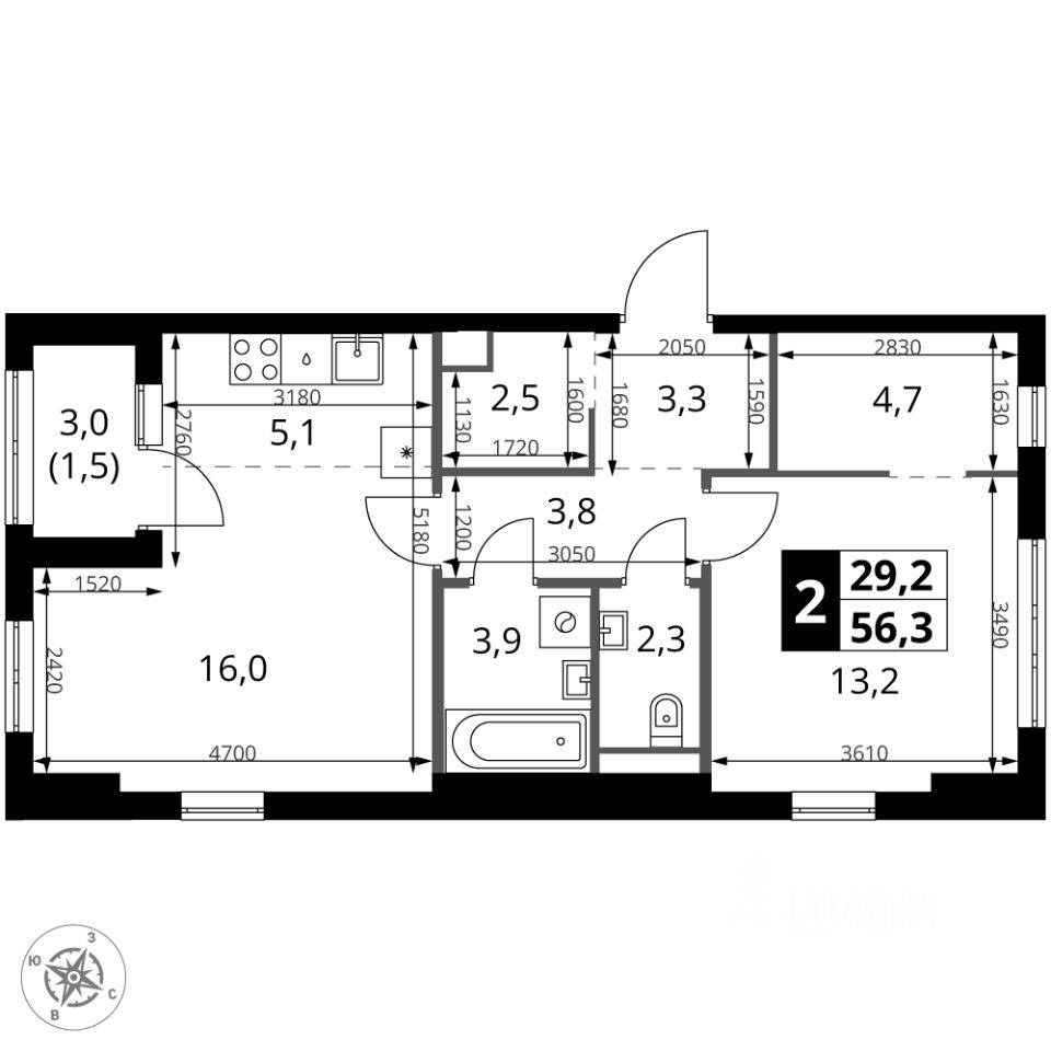 2-комн. квартира, 56,3 м², в ЖК 1-й Ясеневский