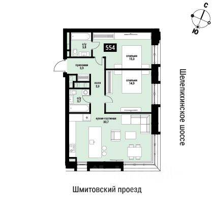 2-комн. квартира, 78,2 м², в ЖК Шелепиха