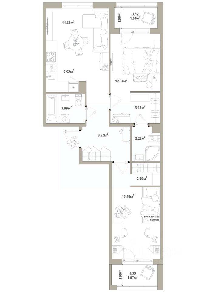 2-комн. квартира, 67,59 м², в ЖК «Тишин»