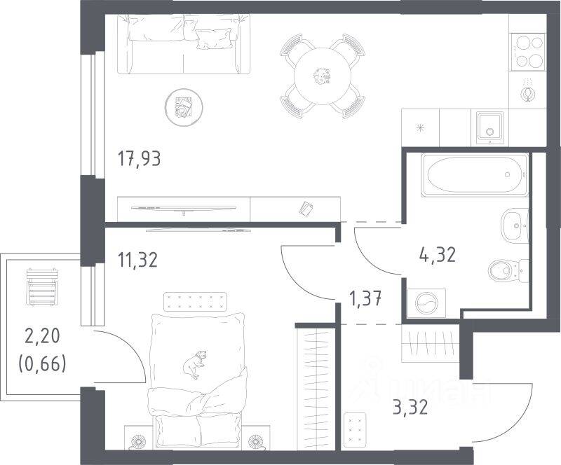 1-комн. квартира, 38,92 м², в ЖК Невская Долина