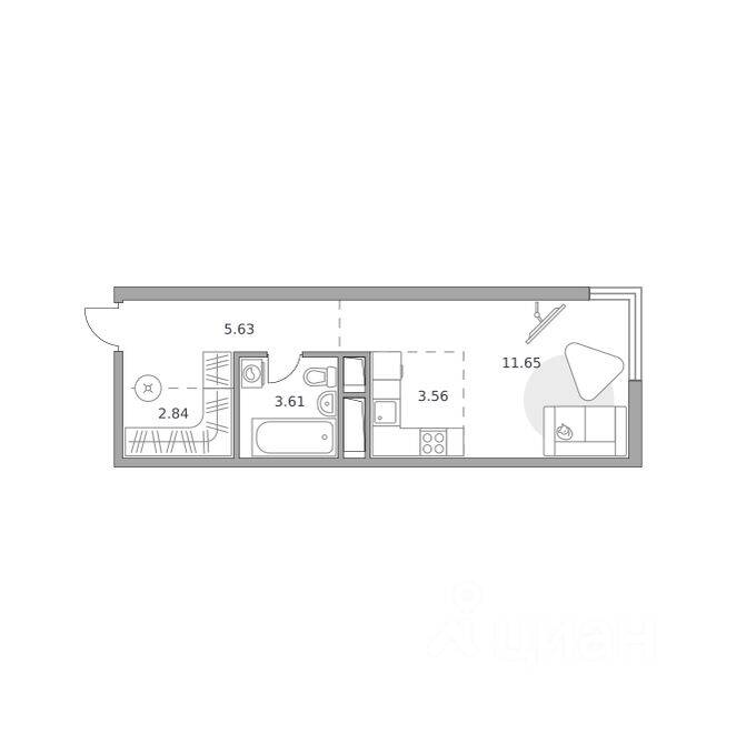 Планировка 1 комнатной квартиры, 27.29 м², в «Аникеевский»
