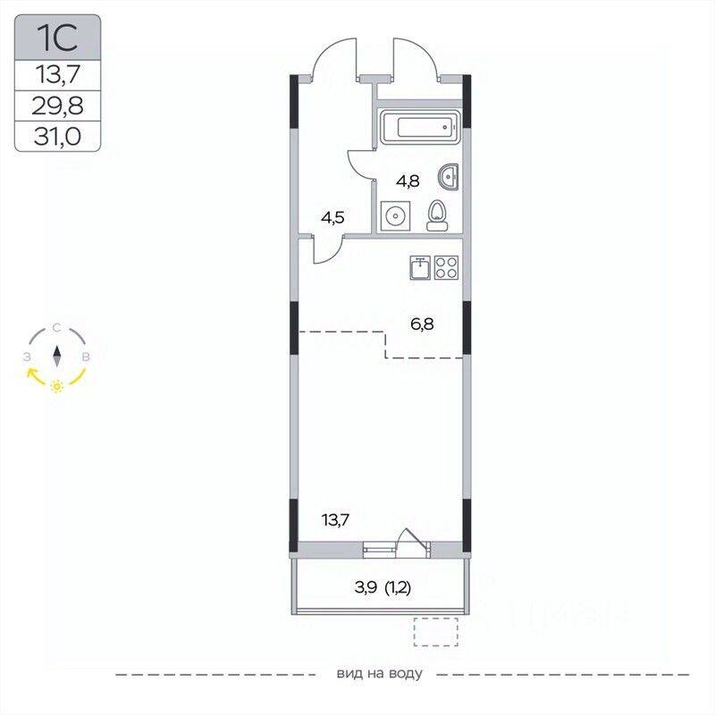 Квартира-студия, 31 м², в ЖК «Пироговская Ривьера»