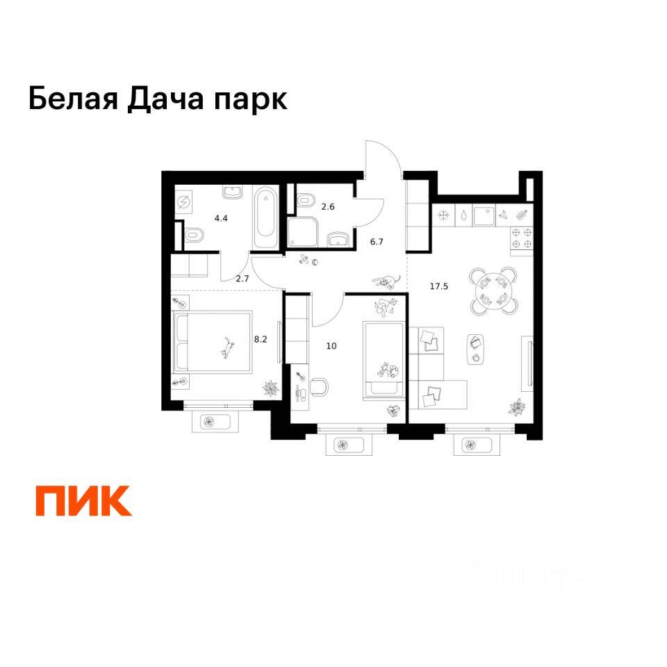 2-комн. квартира, 52,1 м², в ЖК «Белая Дача парк»