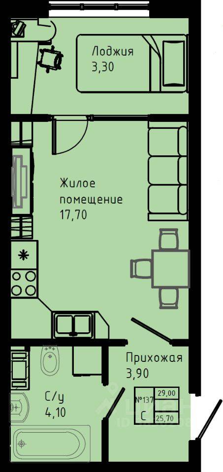 Планировка 1 комнатной квартиры, 29 м², в «Pixel»