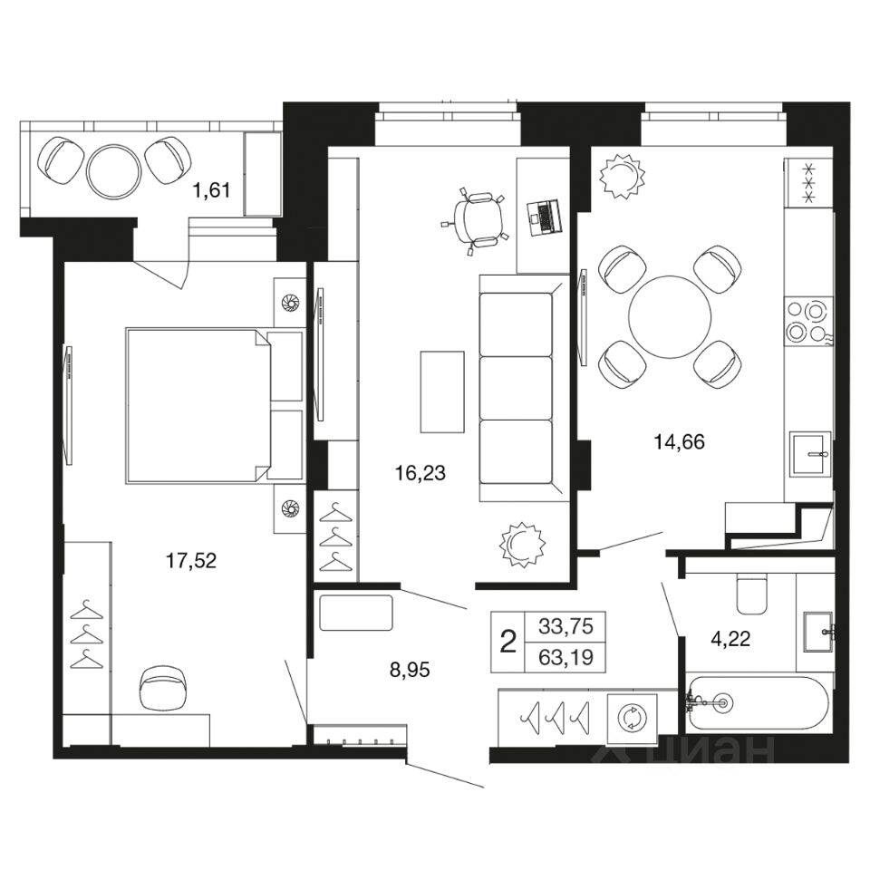 2-комн. квартира, 63,2 м², в ЖК «Времена года»