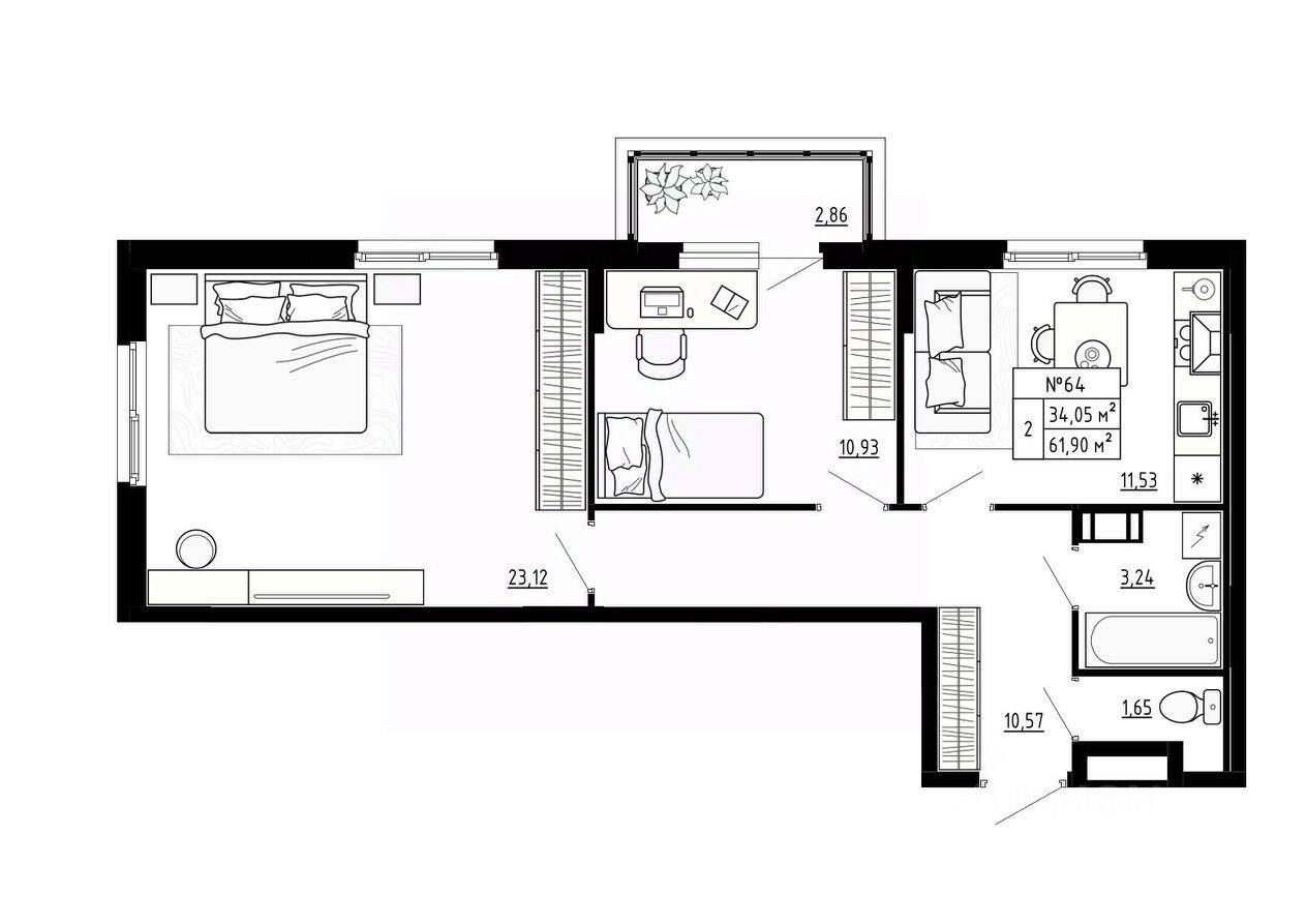 2-комн. квартира, 61,9 м², в Малоэтажный ЖК Аннино Сити