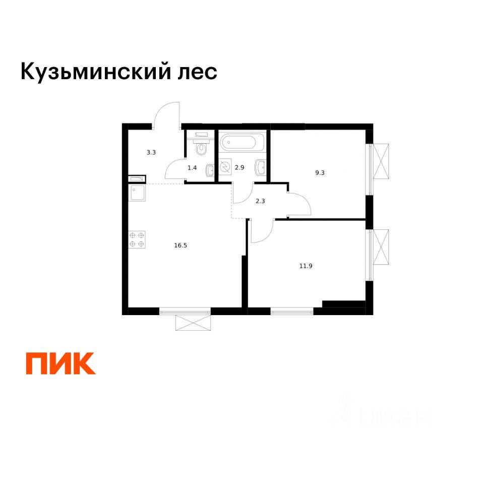 Планировка 2 комнатной квартиры, 47.6 м², в «Кузьминский лес»