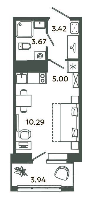 Квартира-студия, 22,38 м², в ЖК Загляденье