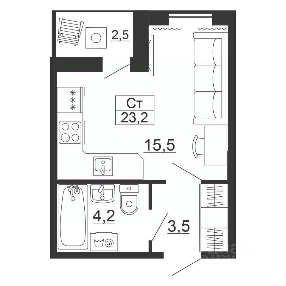 Планировка 1 комнатной квартиры, 23.2 м², в «Рубеж»