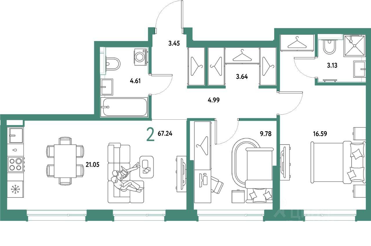 2-комн. квартира, 67,24 м², в ЖК Страна.Парковая