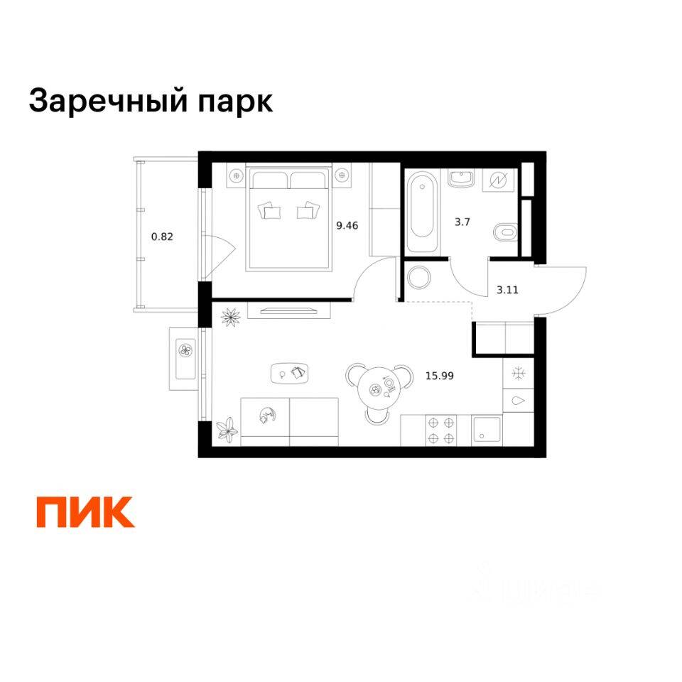 1-комн. квартира, 33,08 м², в ЖК Заречный парк