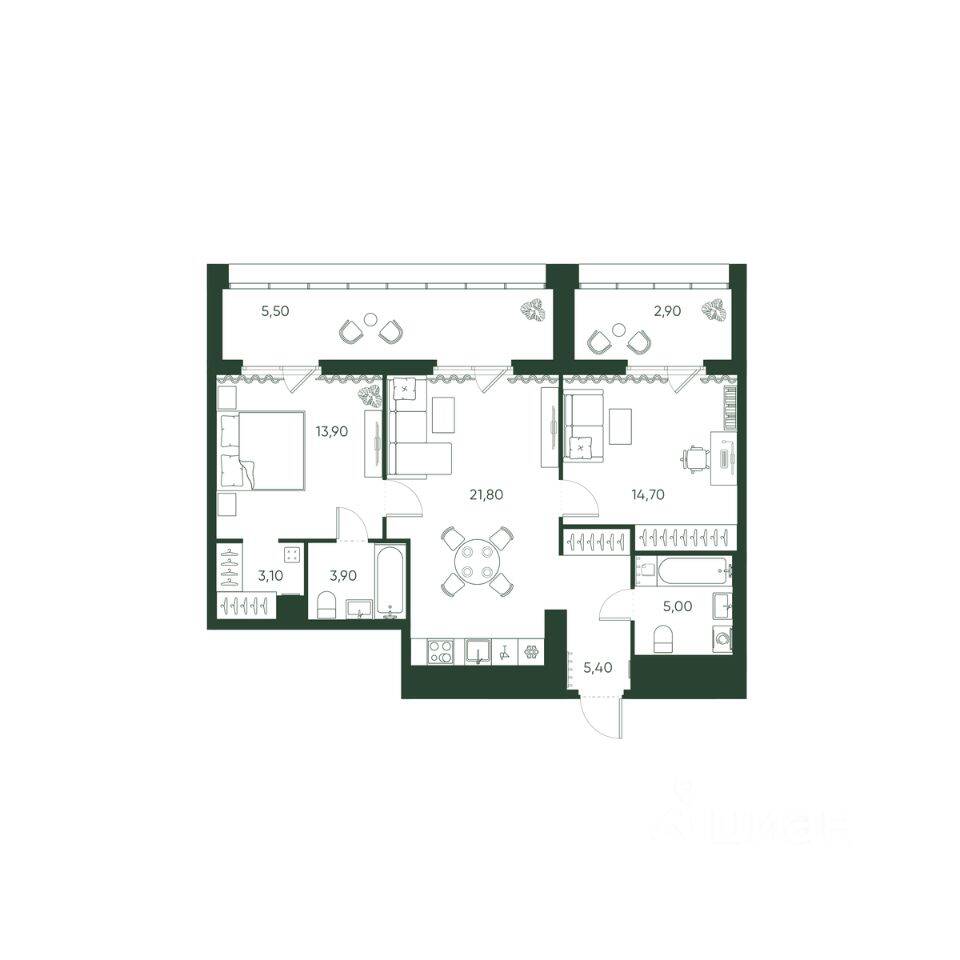 2-комн. квартира, 76,2 м², в ЖК «Моисеенко, 10»