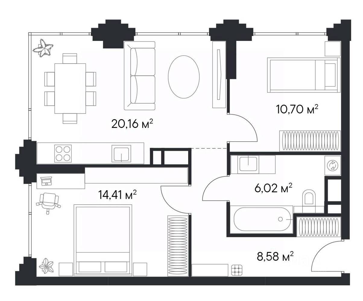 2-комн. квартира, 59,87 м², в ЖК 1-й Нагатинский