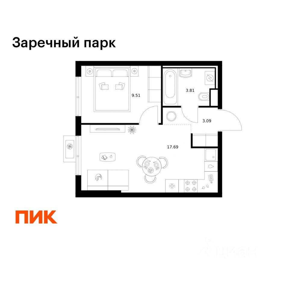 1-комн. квартира, 34,1 м², в ЖК Заречный парк