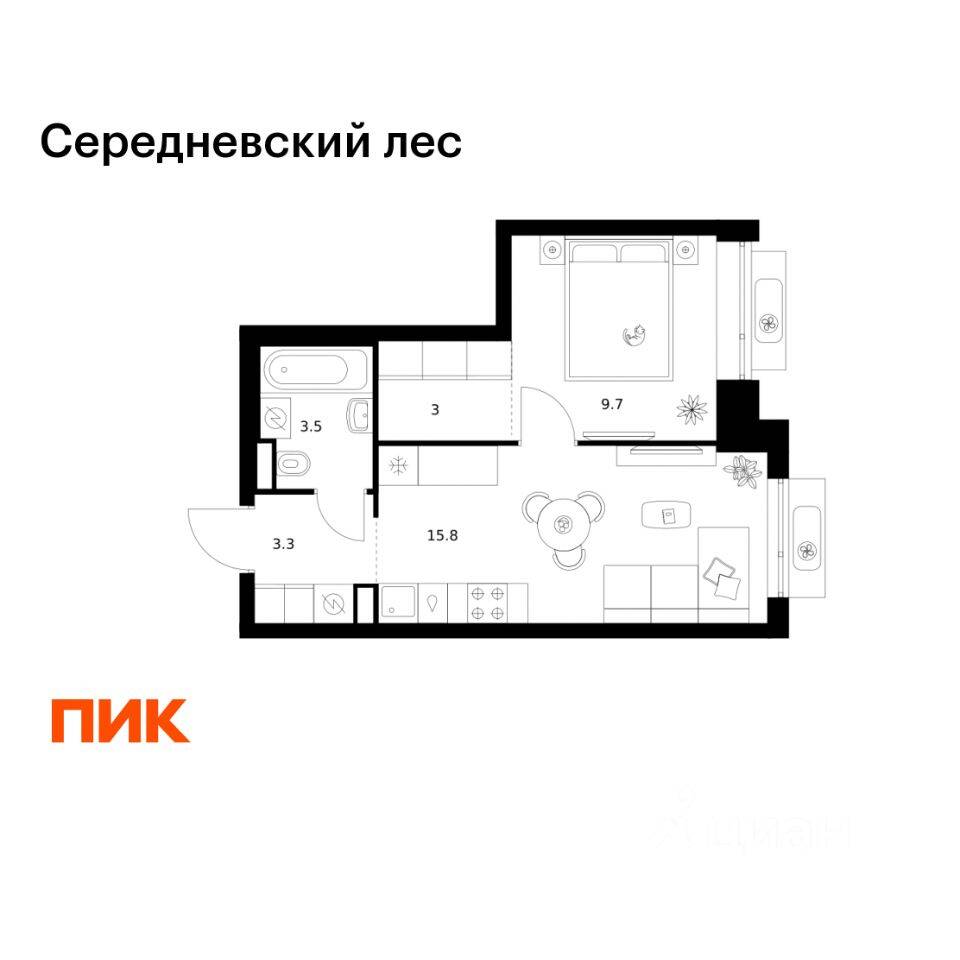 1-комн. квартира, 35,3 м², в ЖК Середневский лес