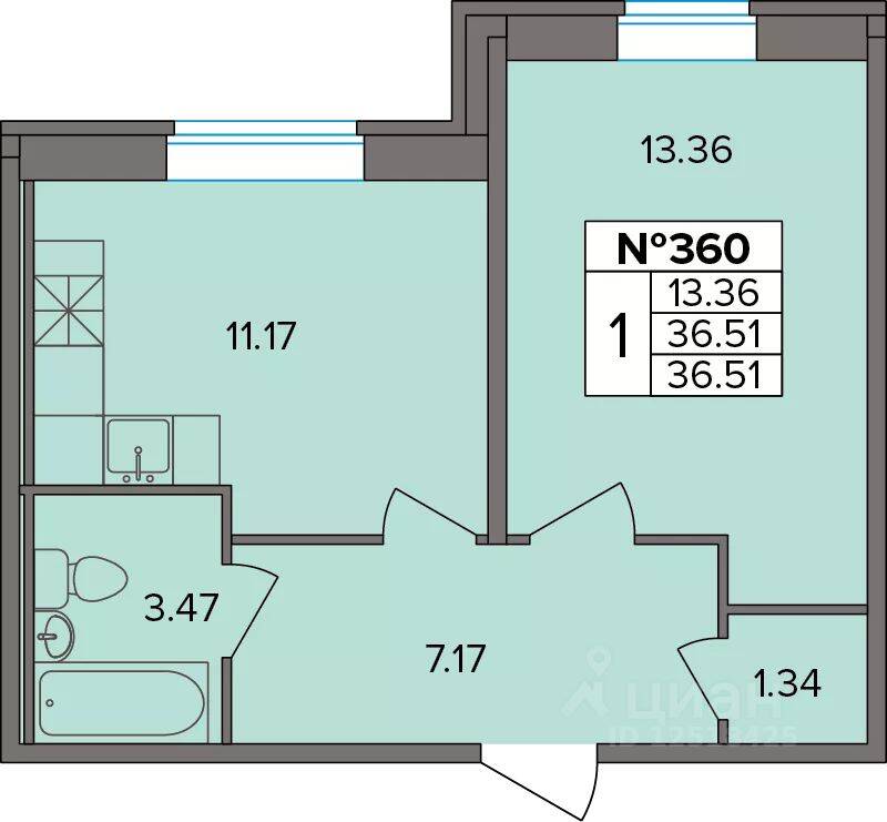 1-комн. квартира, 36,51 м², в ЖК Капральский