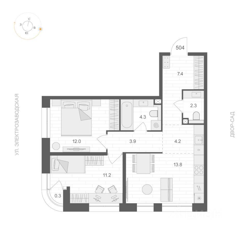 Планировка 2 комнатной квартиры, 59.25 м², в «ARTEL»