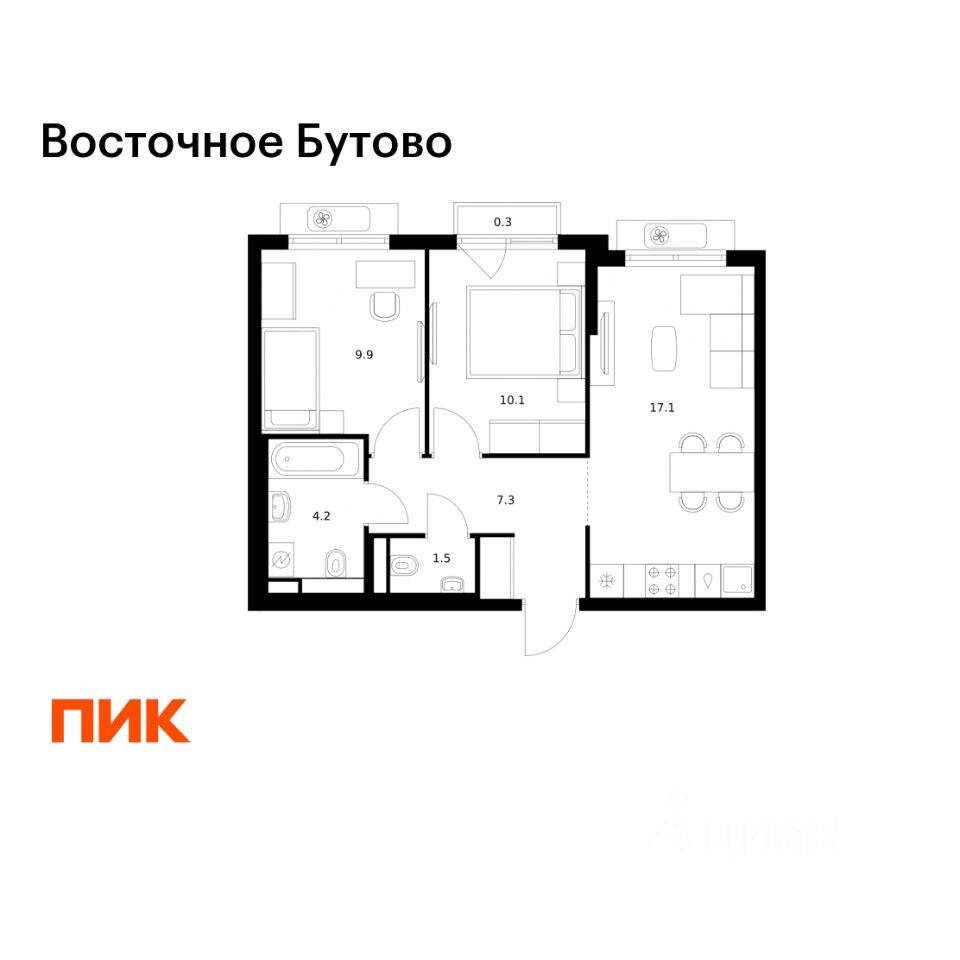 2-комн. квартира, 50,4 м², в ЖК «Восточное Бутово»