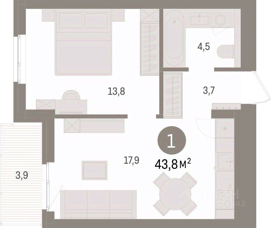 1-комн. квартира, 43,75 м², в ЖК «Брусника в Новоселье»