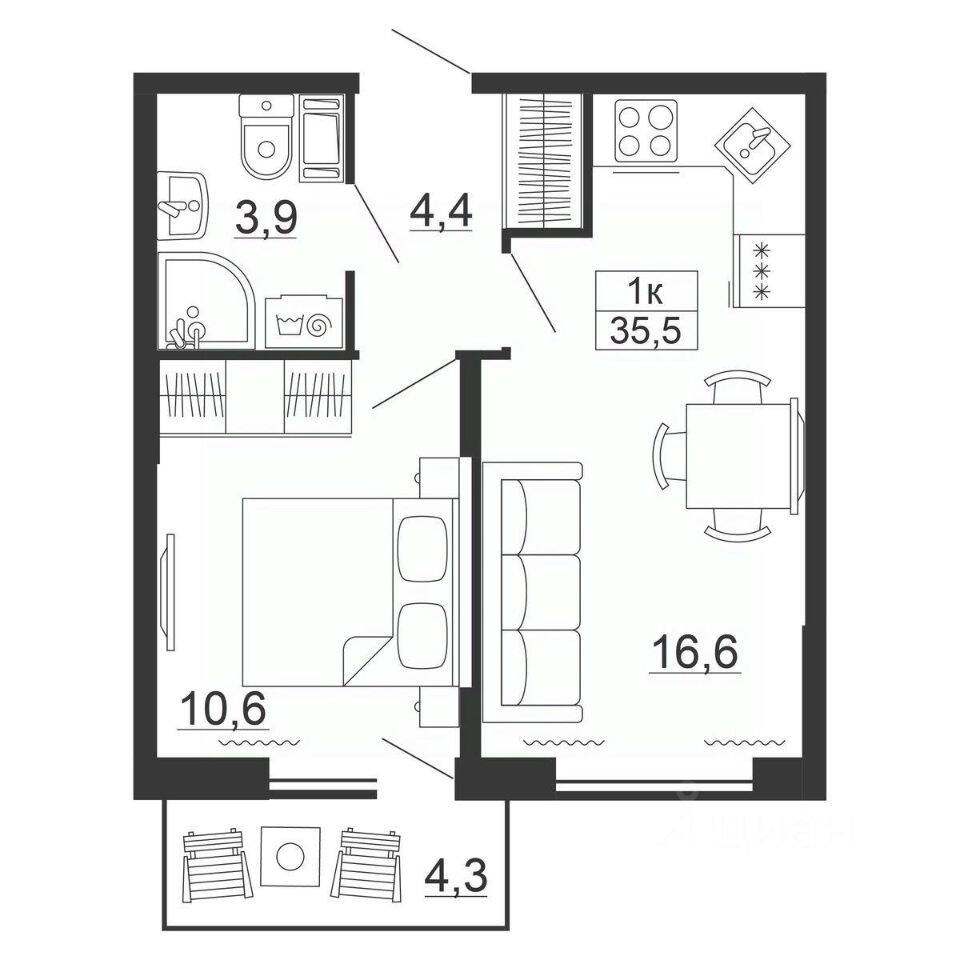 1-комн. квартира, 35,5 м², в ЖК Рубеж