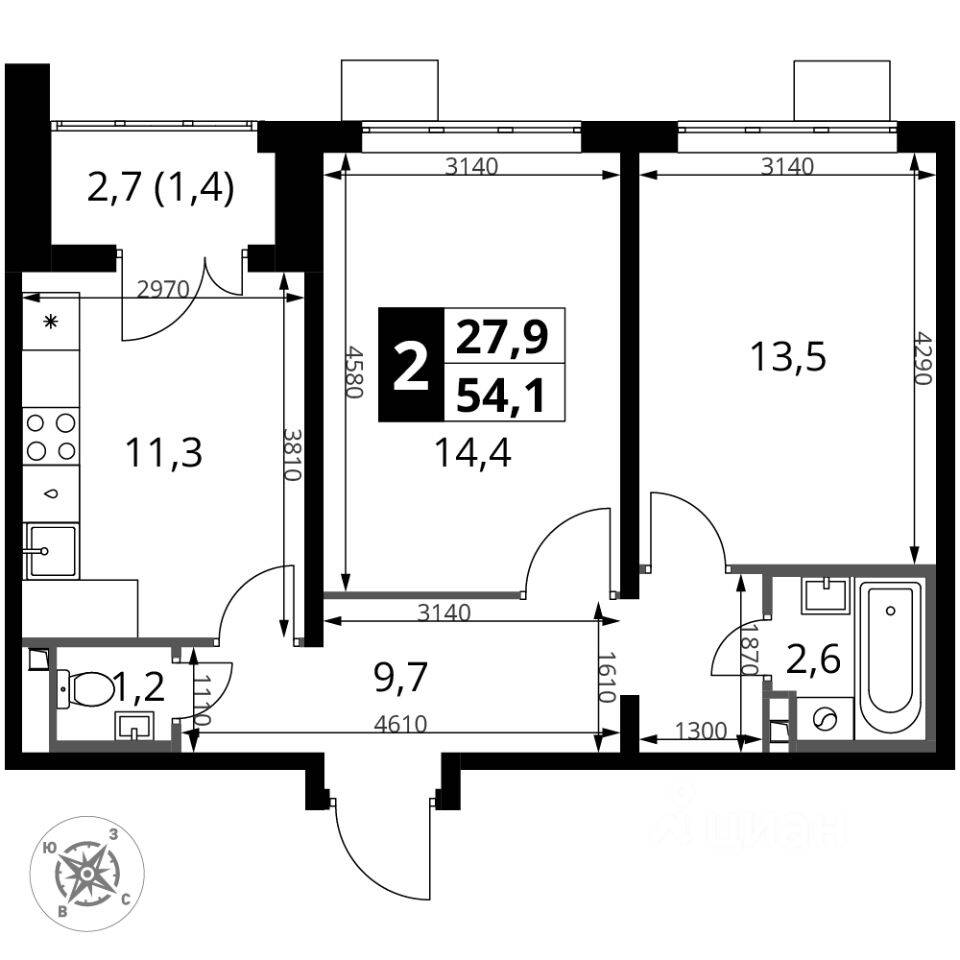 2-комн. квартира, 54,1 м², в ЖК 1-й Донской