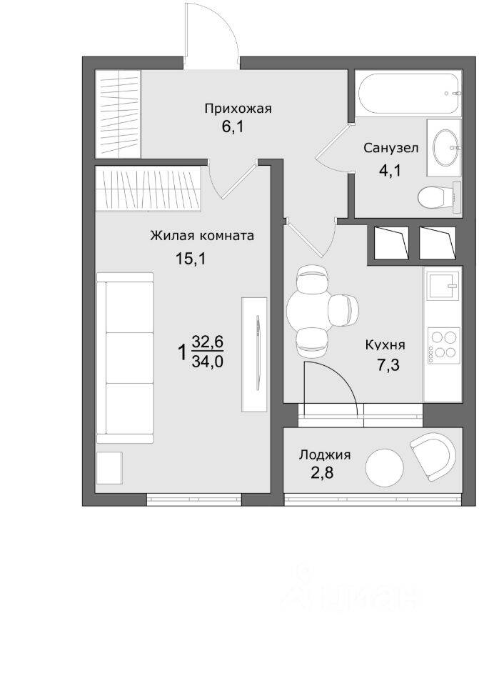1-комн. квартира, 34,1 м², в ЖК Клевер