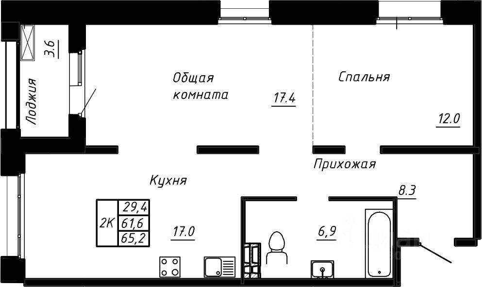 2-комн. квартира, 65,2 м², в ЖК Сибирь