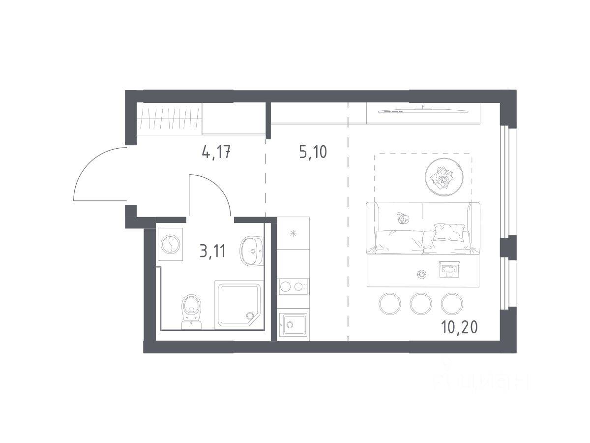 Планировка 1 комнатной квартиры, 22.58 м², в «Пригород Лесное»