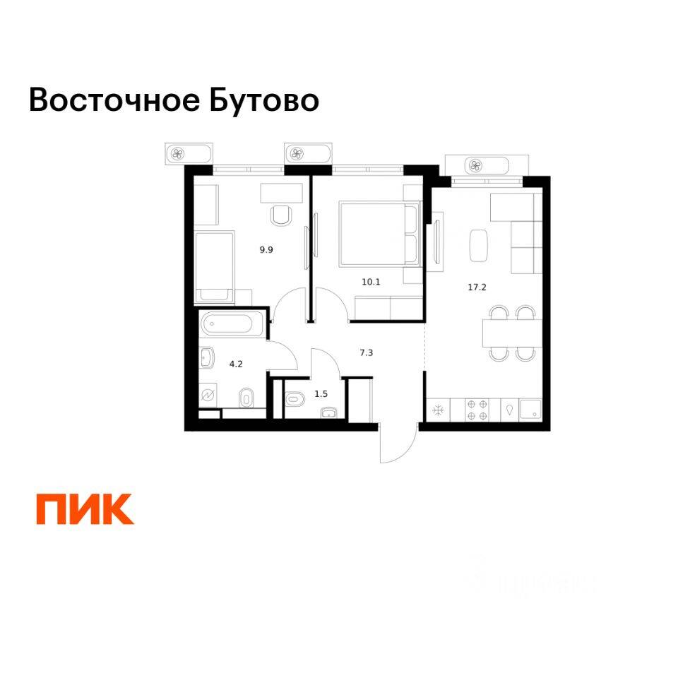 2-комн. квартира, 50,2 м², в ЖК «Восточное Бутово»