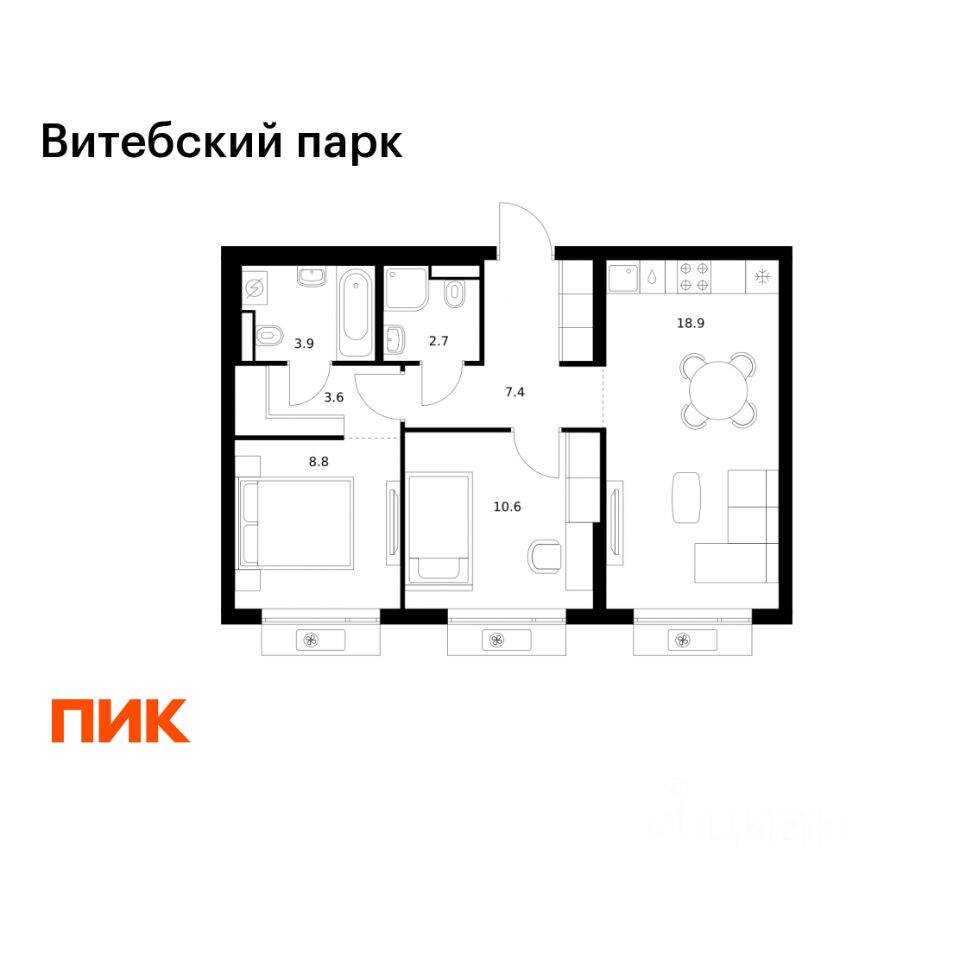 2-комн. квартира, 55,9 м², в ЖК Витебский парк