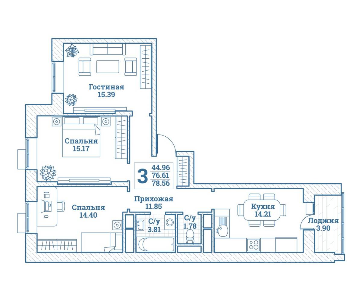 3-комн. квартира, 78,56 м², в ЖК Новоград Монино