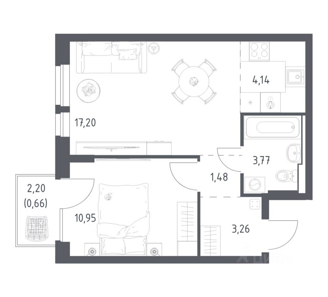 1-комн. квартира, 41,46 м², в ЖК Квартал Авиаторов