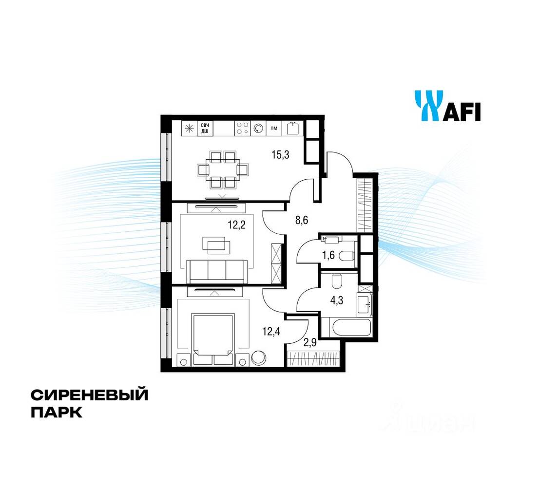 2-комн. квартира, 58,9 м², в МФК «Сиреневый парк»