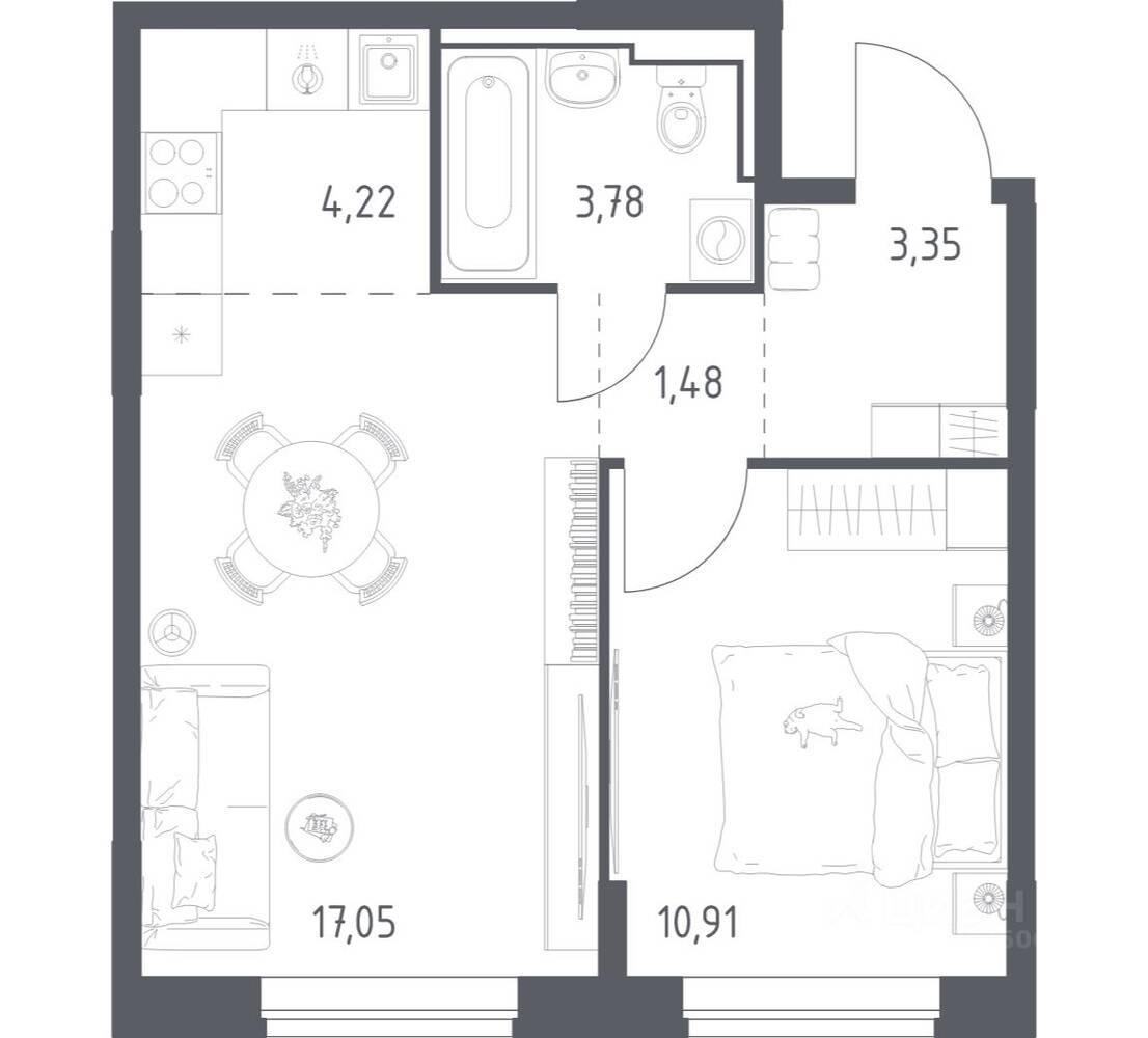 1-комн. квартира, 40,79 м², в ЖК Богдановский Лес