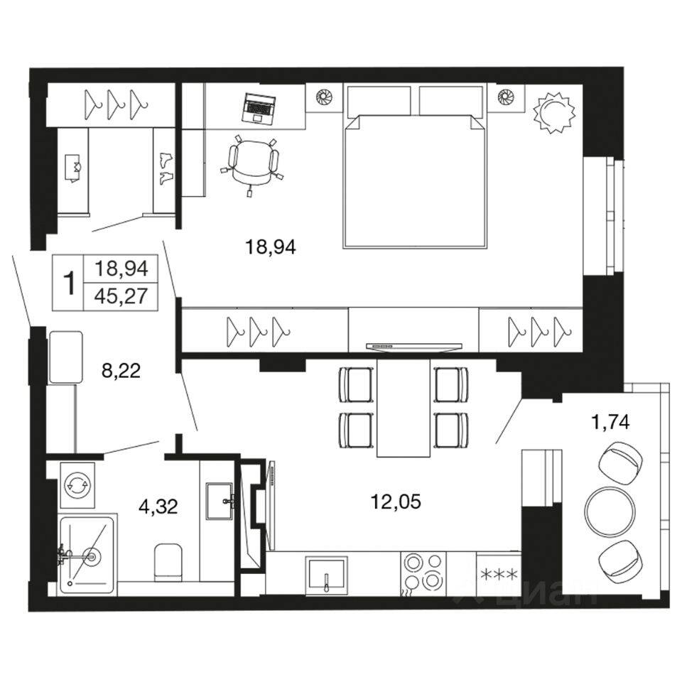 1-комн. квартира, 45,2 м², в ЖК «Времена года»
