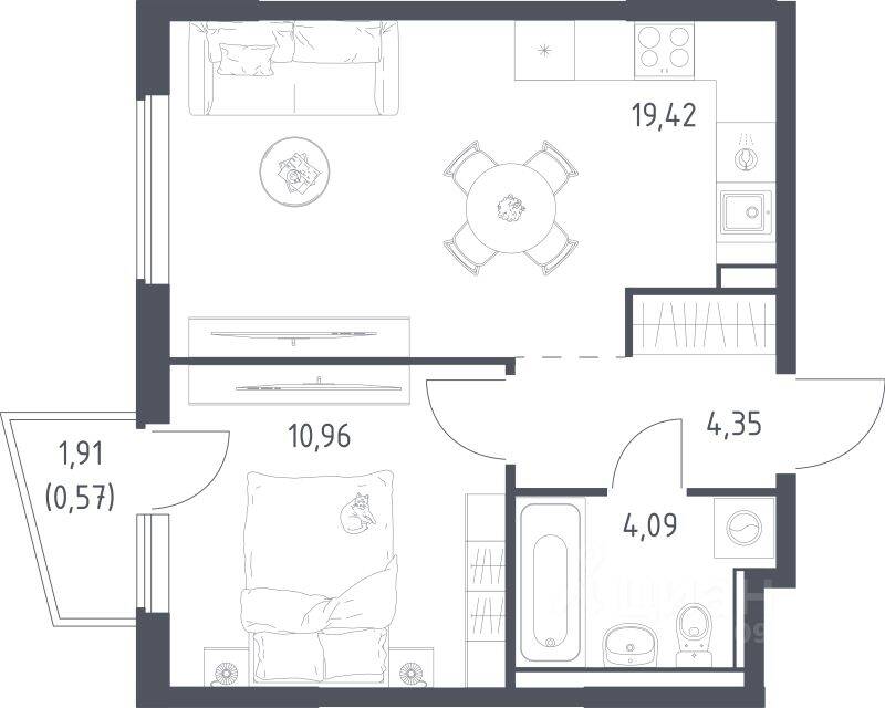 1-комн. квартира, 39,39 м², в ЖК Егорово Парк
