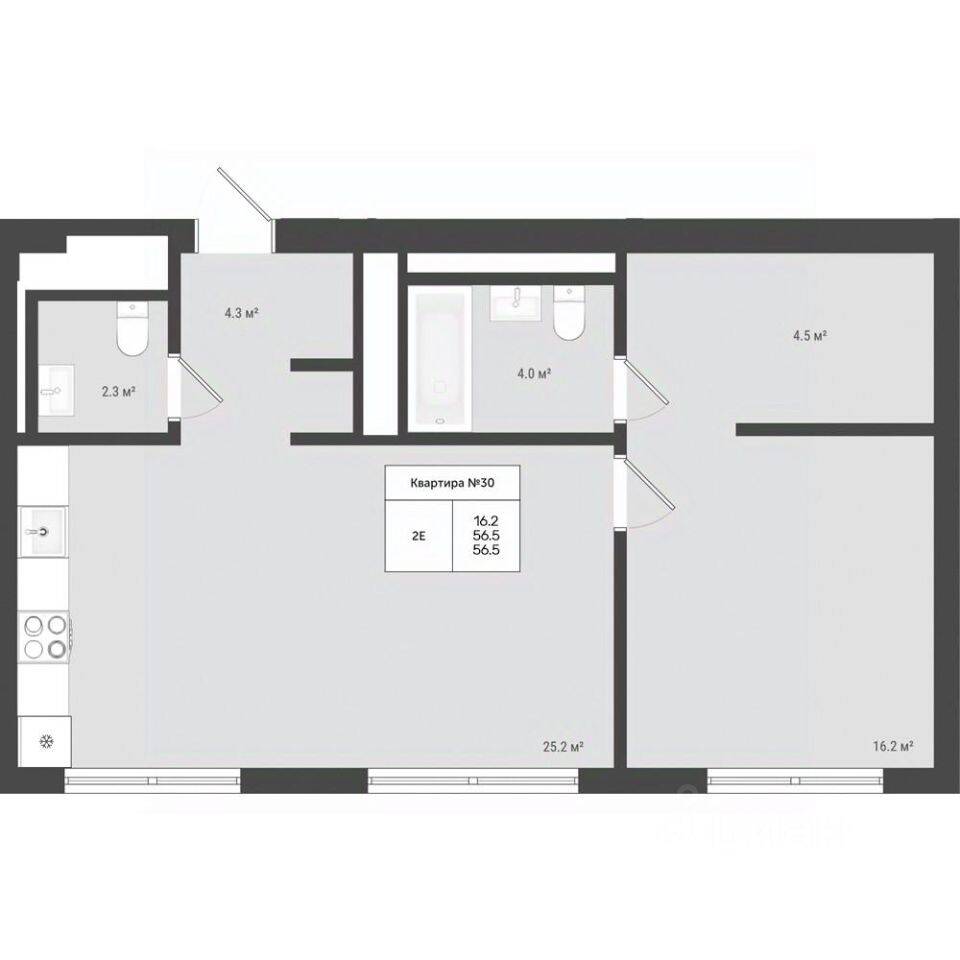 Планировка 2 комнатной квартиры, 56.5 м², в «Яковлево»