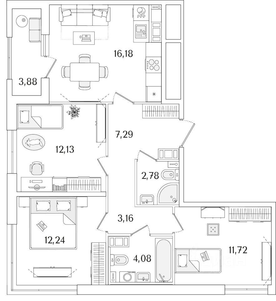 3-комн. квартира, 71,52 м², в ЖК «Гранат»