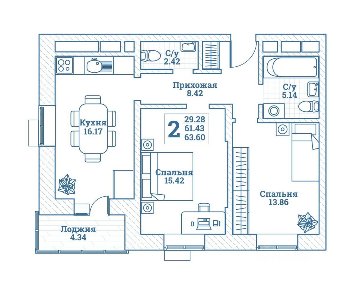 2-комн. квартира, 63,6 м², в ЖК Новоград Монино
