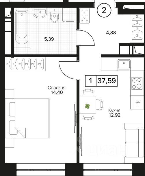 1-комн. квартира, 37,59 м², в ЖК Пушкино Град