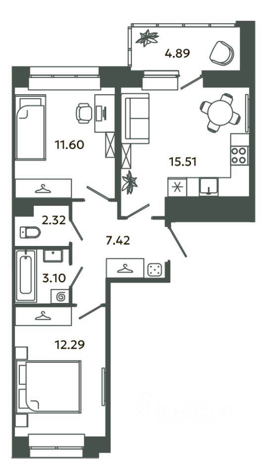 2-комн. квартира, 52,24 м², в ЖК Загляденье