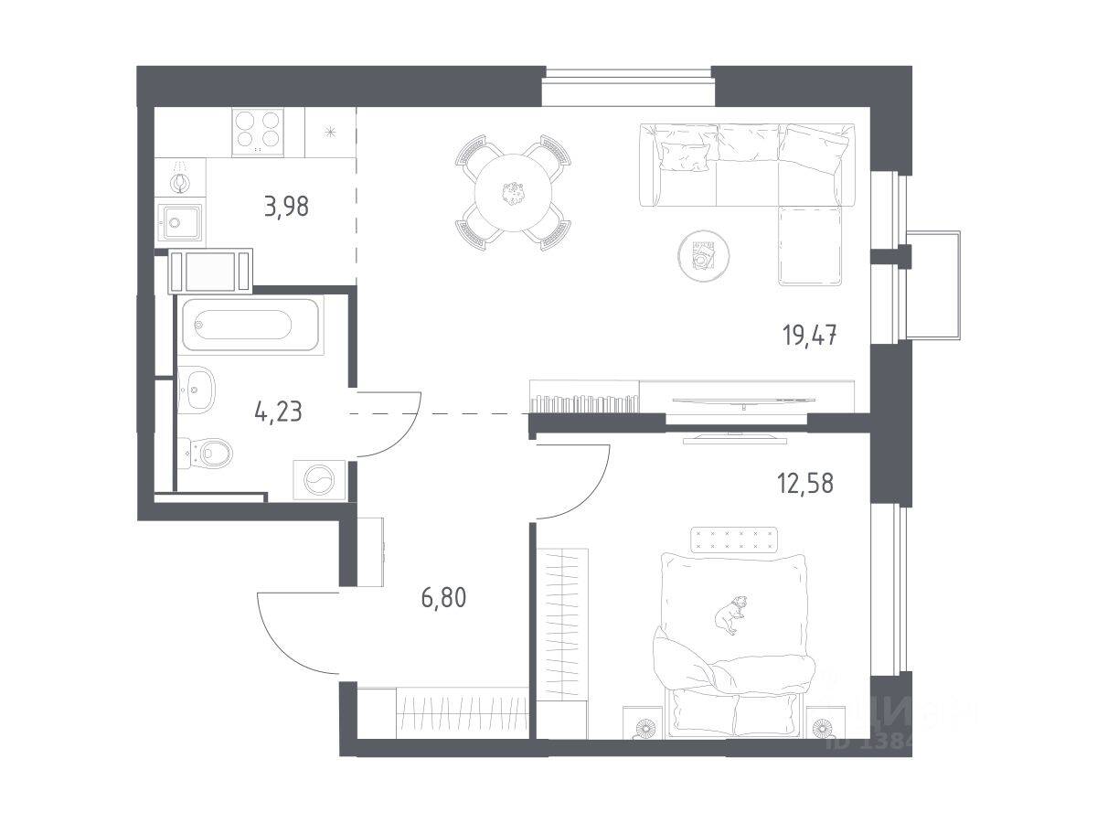 1-комн. квартира, 47,06 м², в ЖК «Большое Путилково»