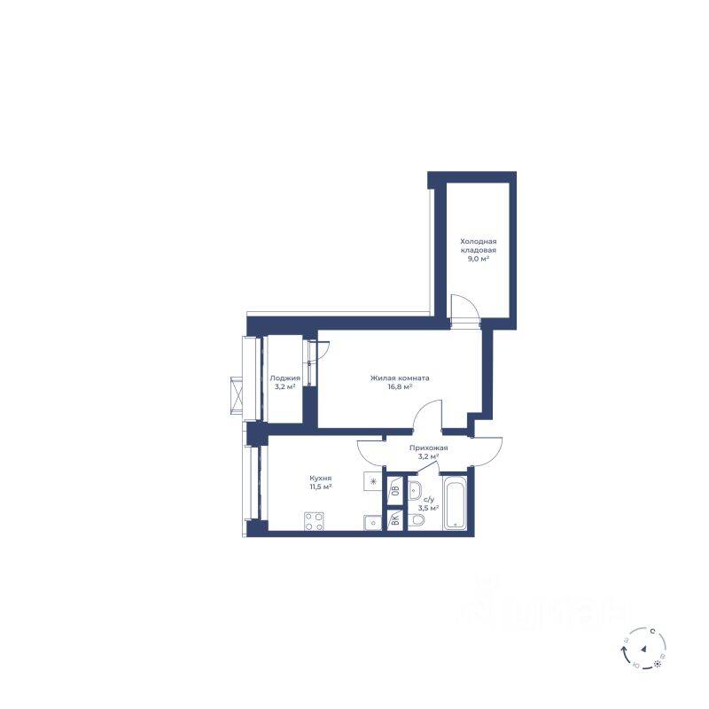 Планировка 1 комнатной квартиры, 45.6 м², в «Цветочный город»