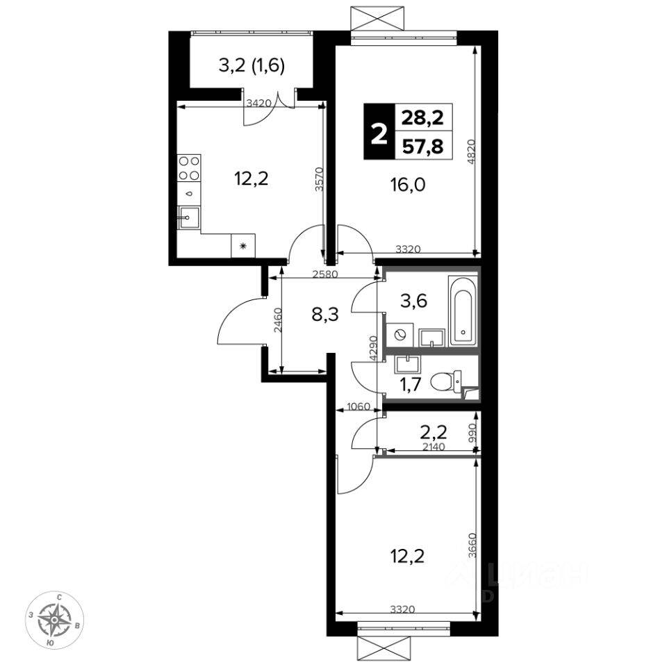 2-комн. квартира, 58,9 м², в ЖК «Южная Битца»