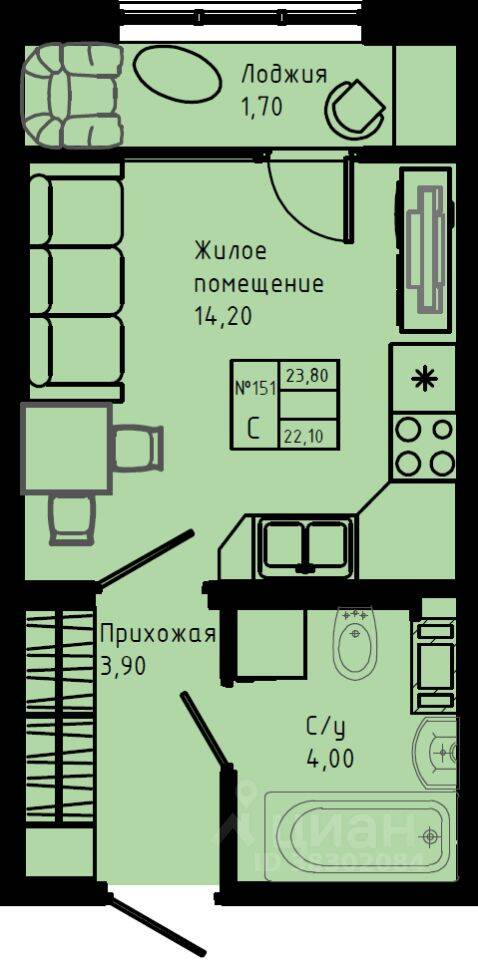 Квартира-студия, 23,8 м², в ЖК Pixel