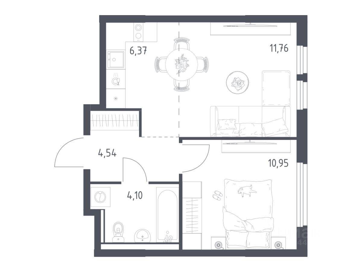 1-комн. квартира, 37,72 м², в ЖК «Пригород Лесное»