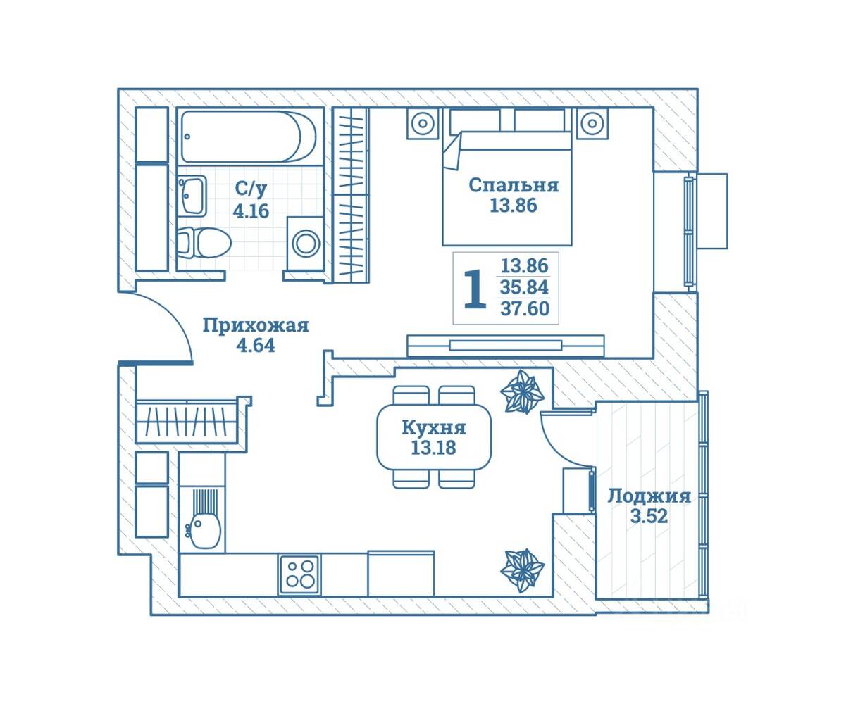 1-комн. квартира, 37,6 м², в ЖК Новоград Монино