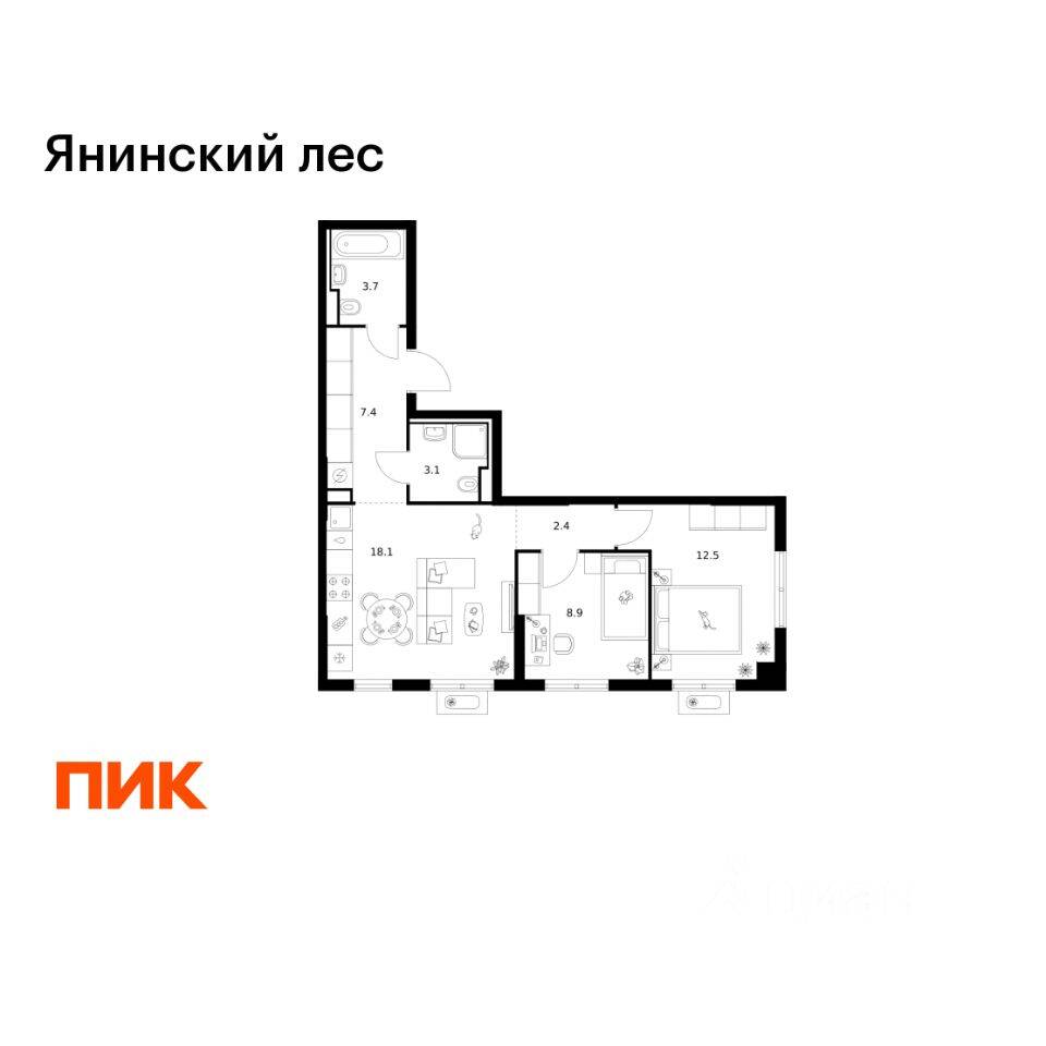 2-комн. квартира, 56,1 м², в ЖК Янинский лес