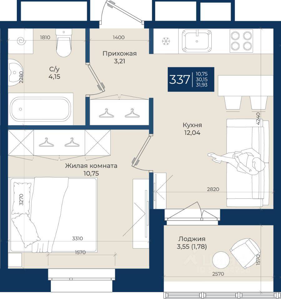 1-комн. квартира, 31,93 м², в ЖК «Новатория»