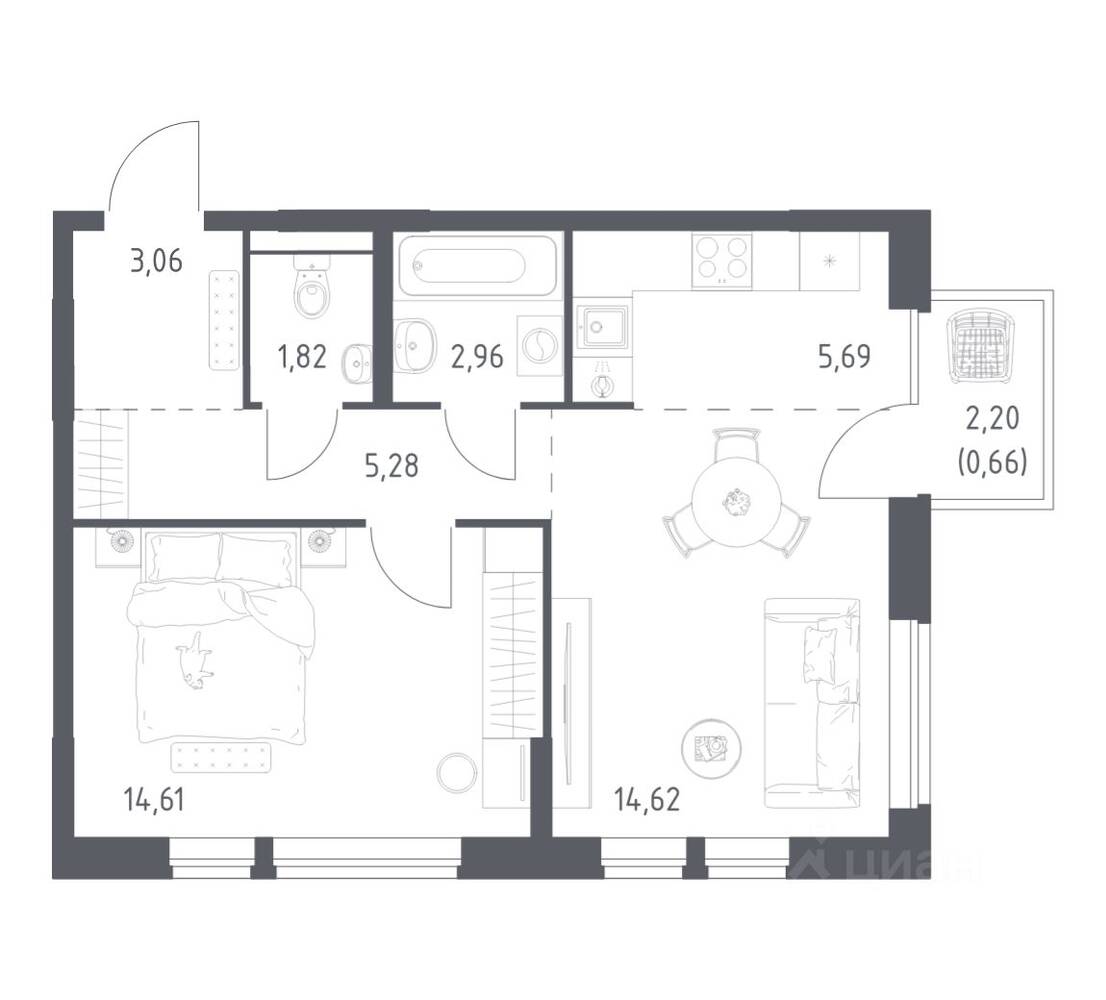 1-комн. квартира, 48,7 м², в ЖК Квартал Авиаторов